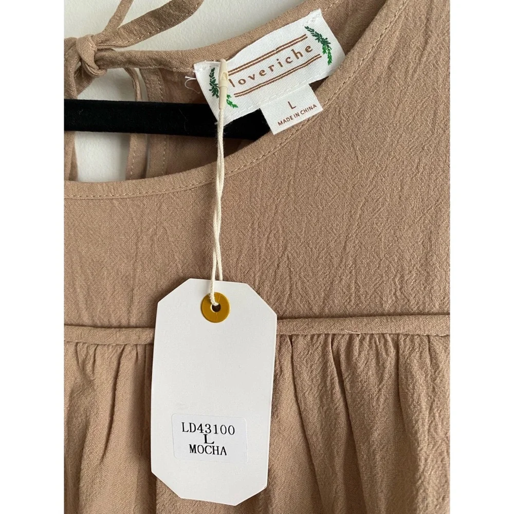 NWT Loveriche Tan Babydoll Mini Dress Tunic with Bow tie Back and Long Sleeves L - Picture 7 of 7
